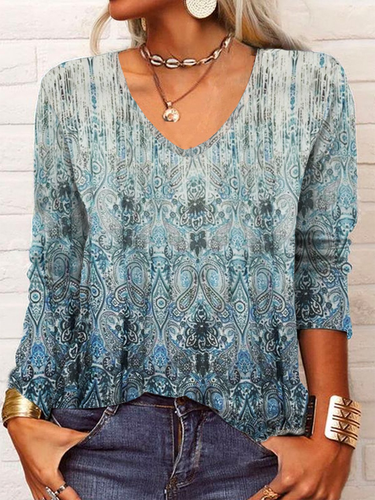 Casual Ethnic V Neck Long Sleeve T-shirt