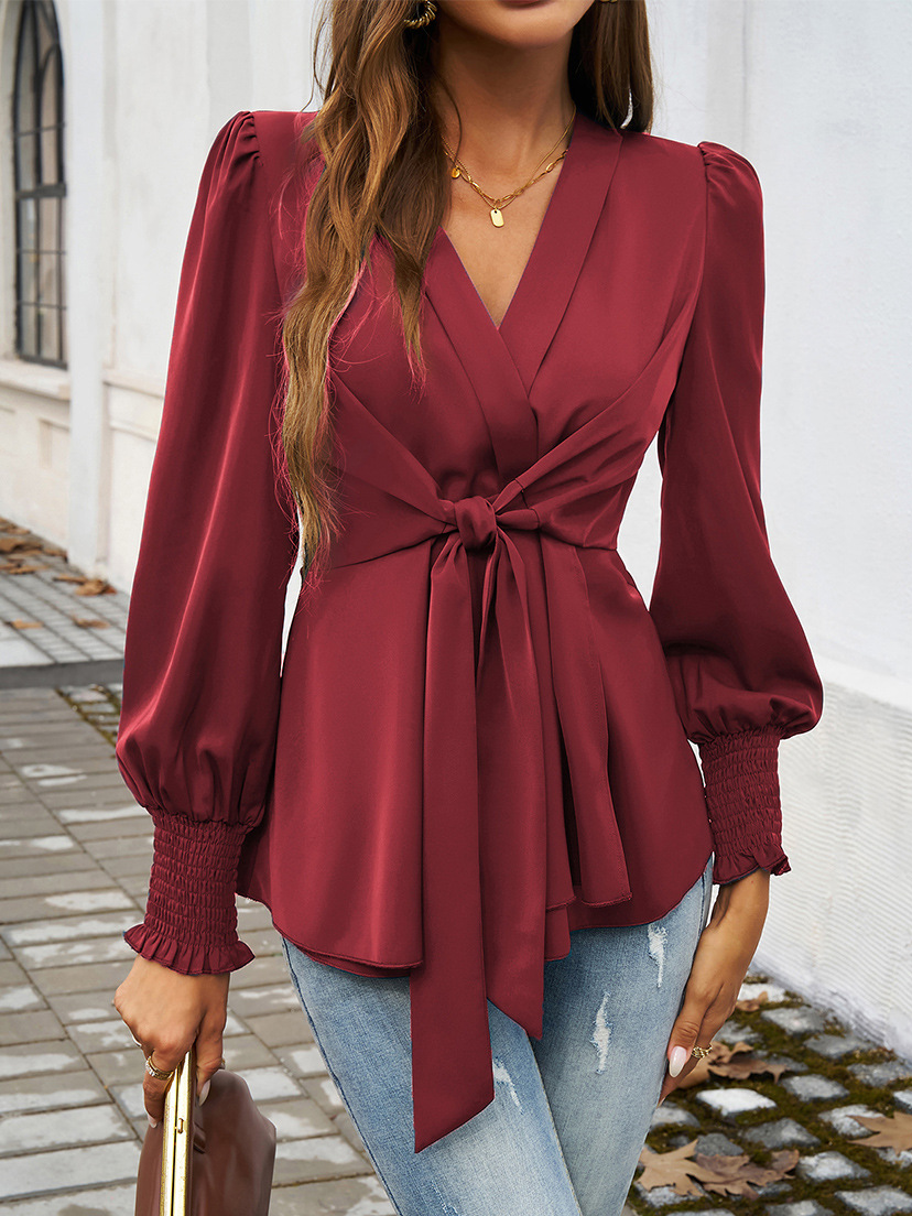 V Neck Long Sleeve Plain Regular Micro-Elasticity Loose Blouse For Women