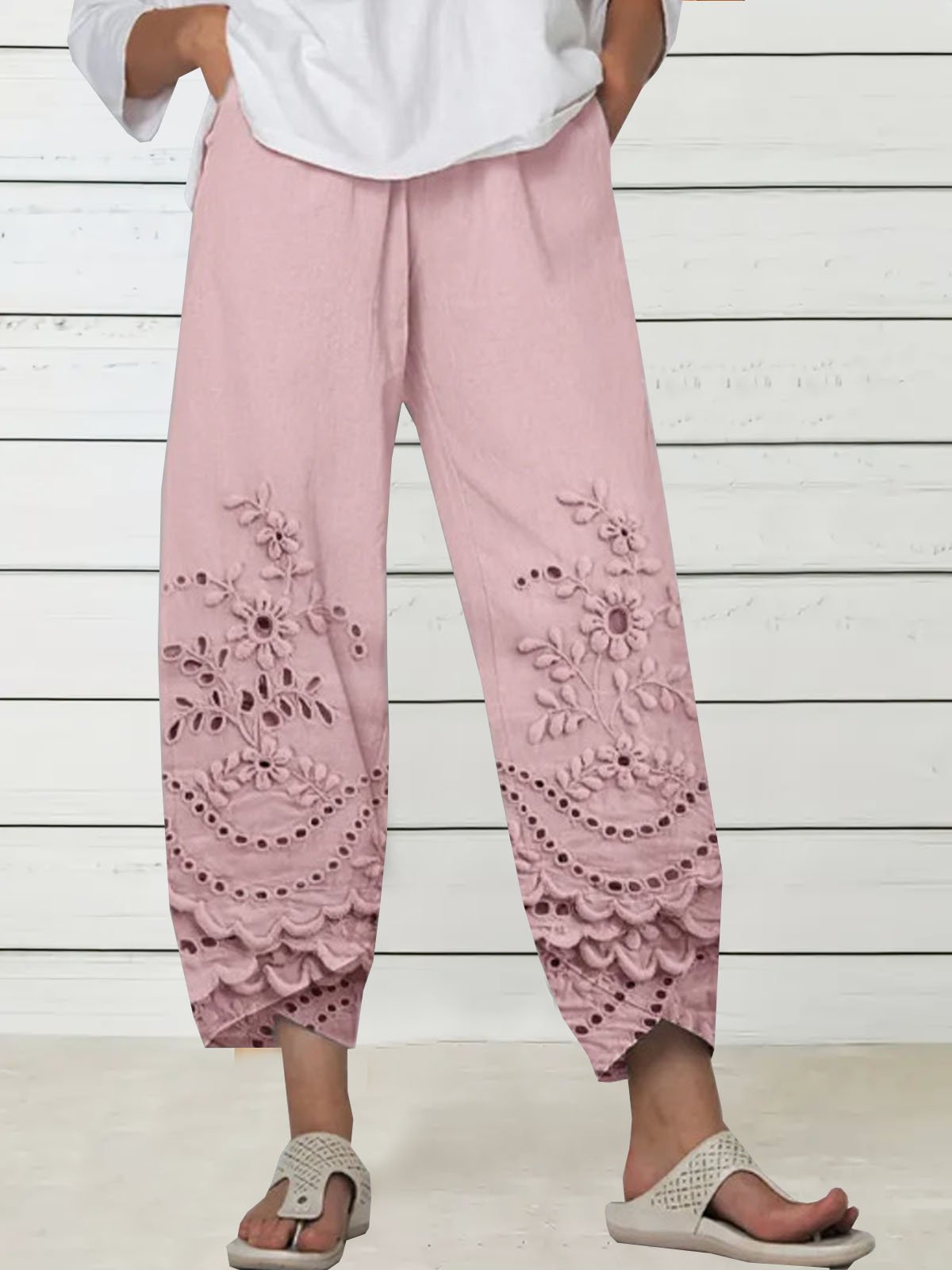 Casual Floral Long Elastic Waist Pocket Stitching Pants