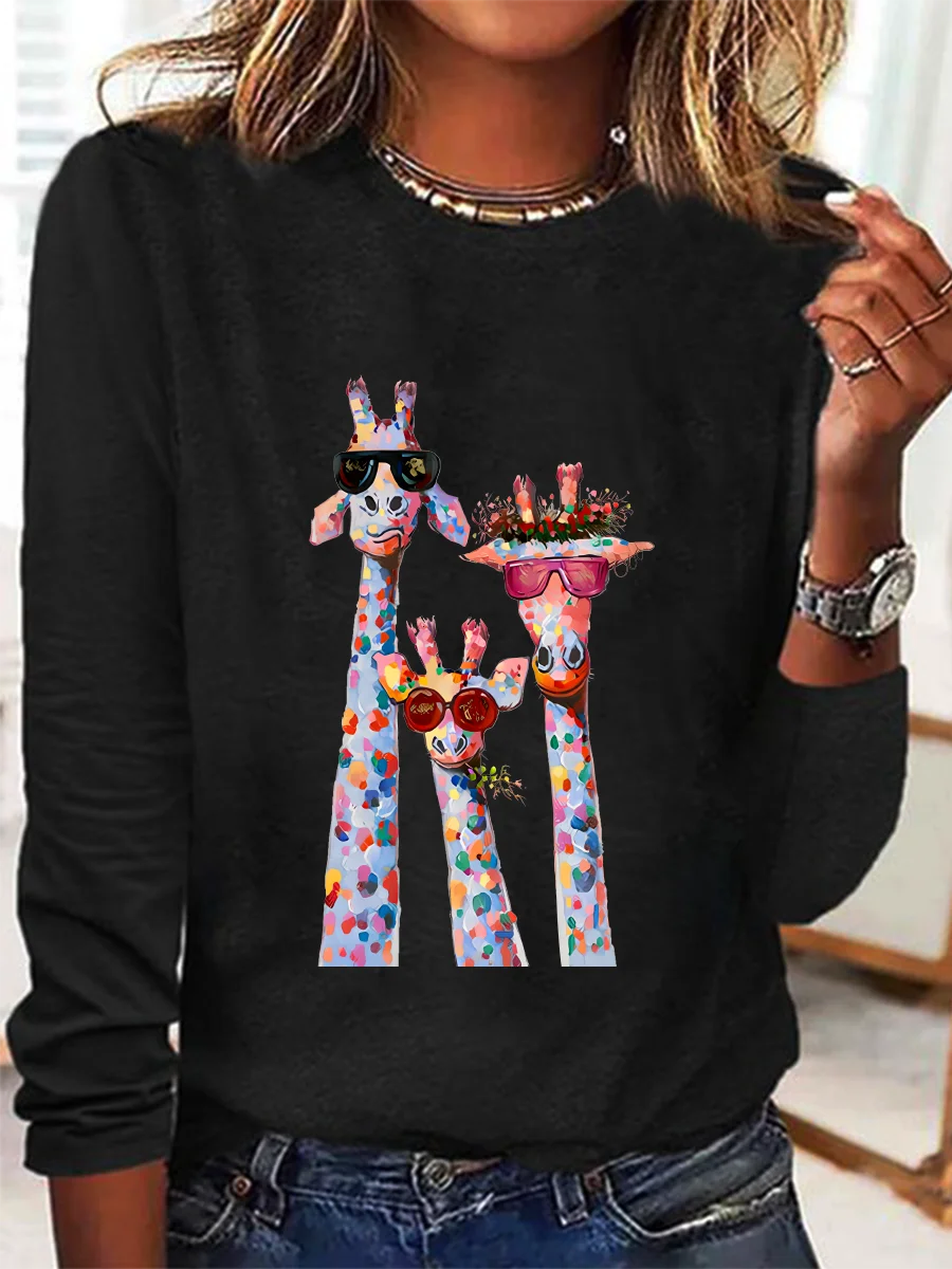 Casual Cat Crew Neck Long Sleeve T-shirt