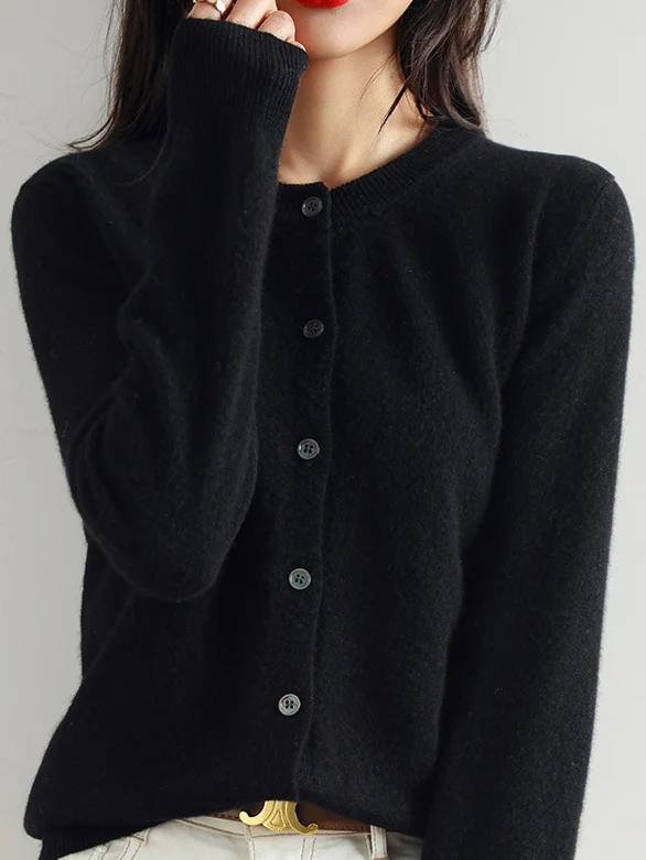 Women Yarn/Wool Yarn Plain Long Sleeve Comfy Casual Buckle Cardigan