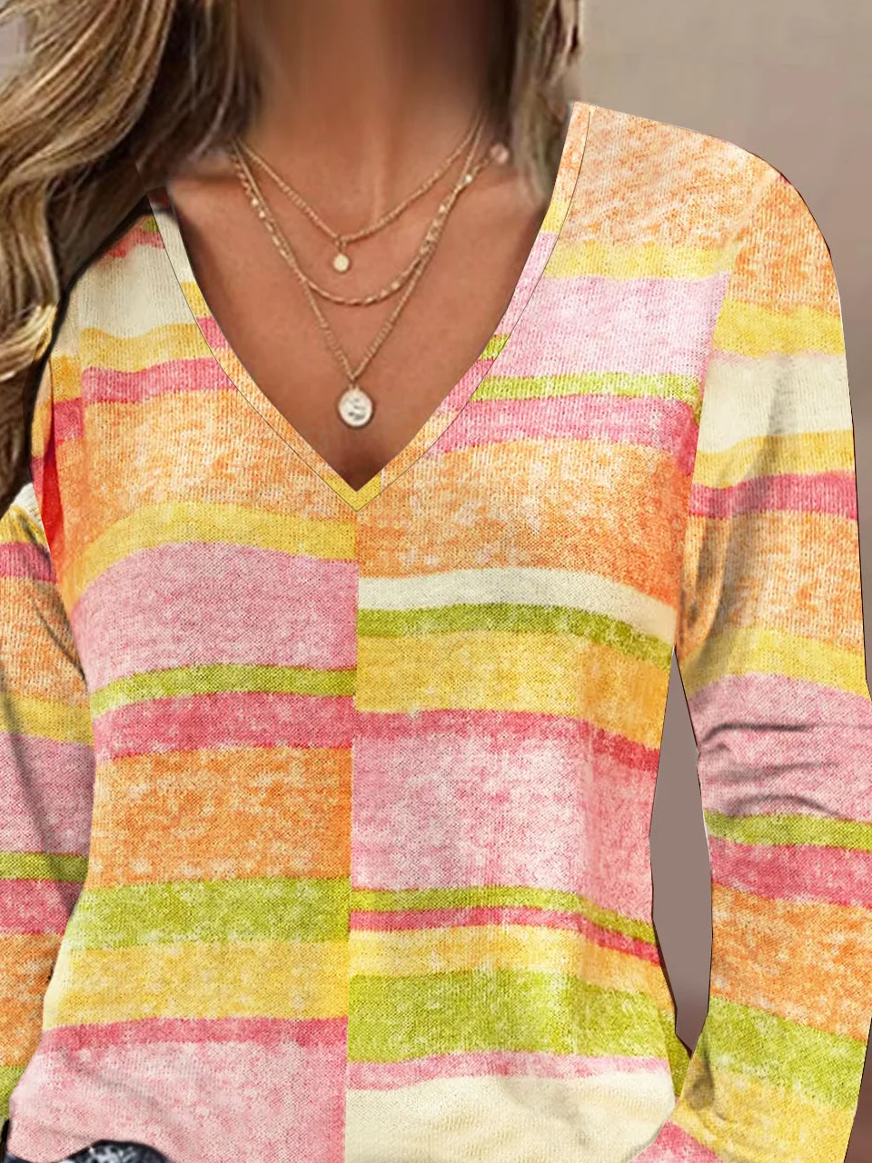 Casual Striped V Neck Long Sleeve T-shirt