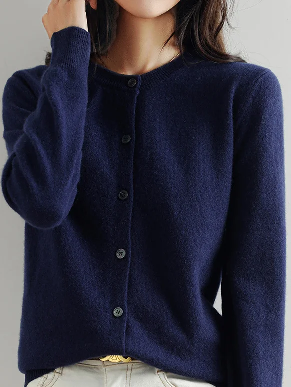 Women Yarn/Wool Yarn Plain Long Sleeve Comfy Casual Buckle Cardigan