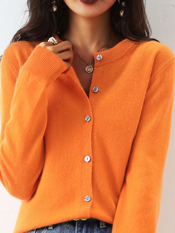 Women Yarn/Wool Yarn Plain Long Sleeve Comfy Casual Buckle Cardigan