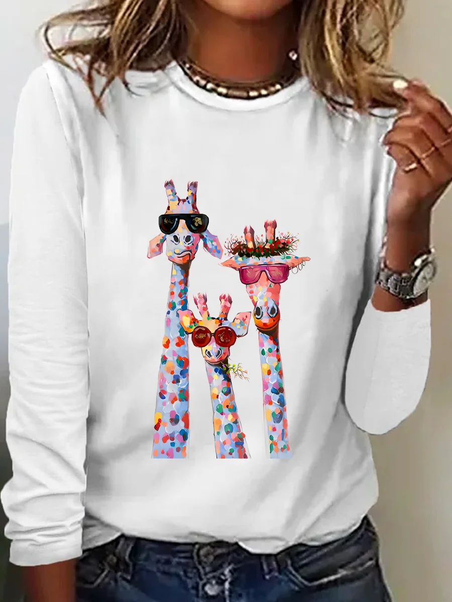 Casual Cat Crew Neck Long Sleeve T-shirt