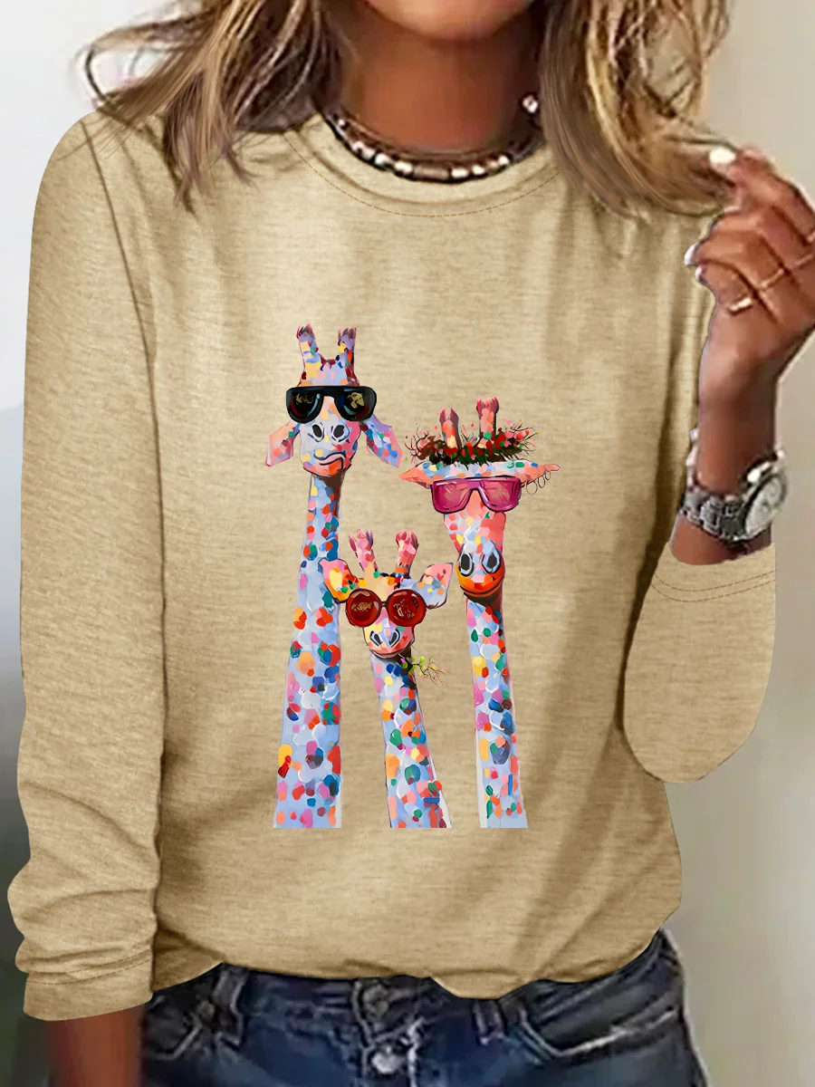 Casual Cat Crew Neck Long Sleeve T-shirt