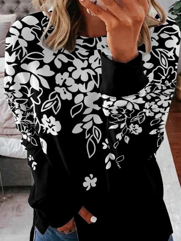 Casual Crew Neck Floral Sweatshirt