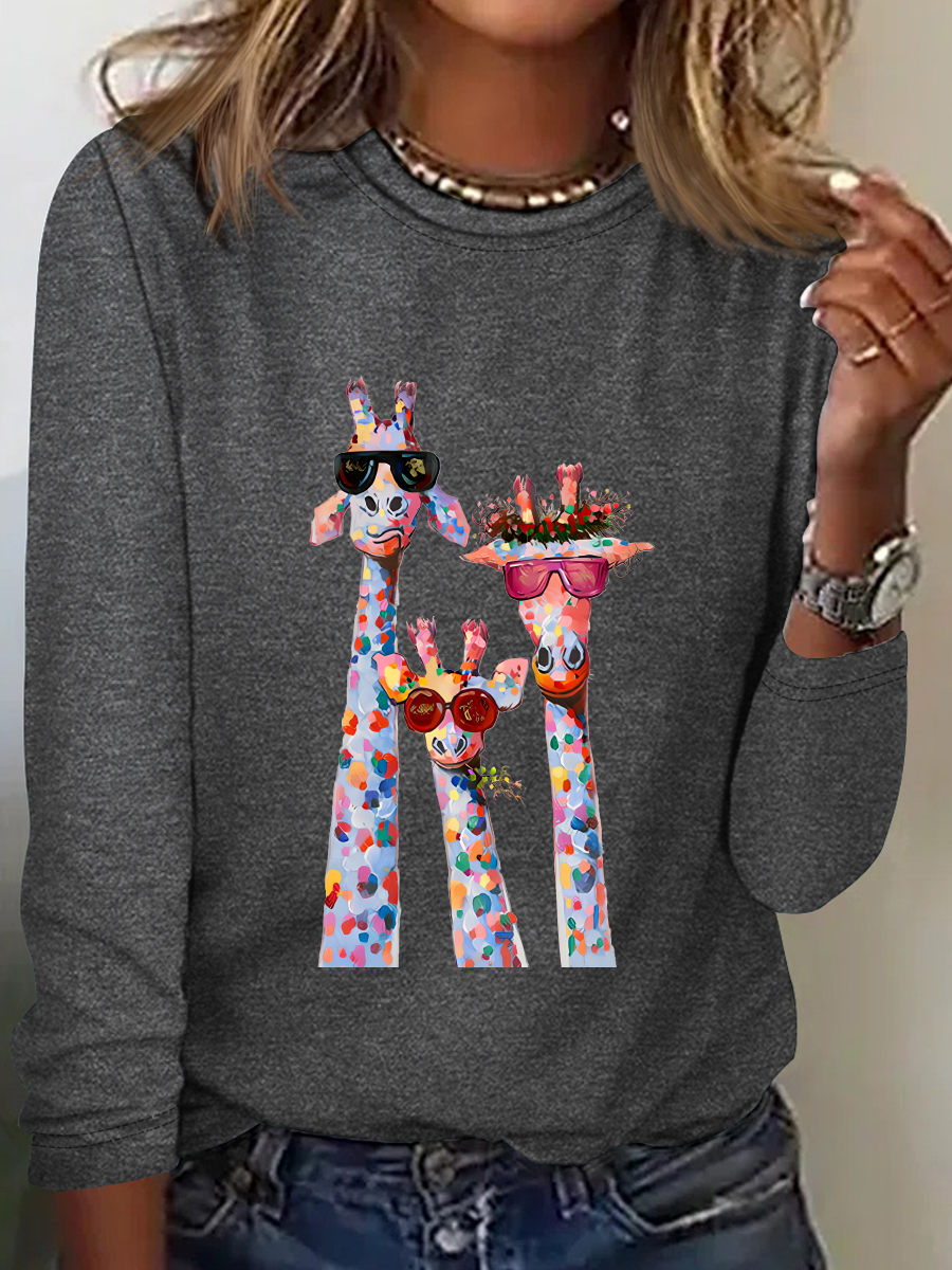 Casual Cat Crew Neck Long Sleeve T-shirt