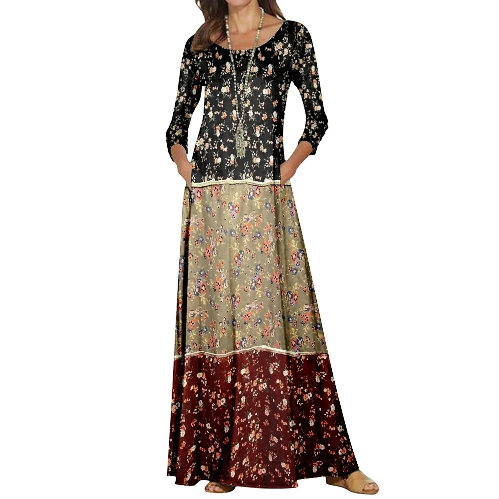 Women Floral Shawl Collar Long Sleeve Comfy Casual Maxi Dress