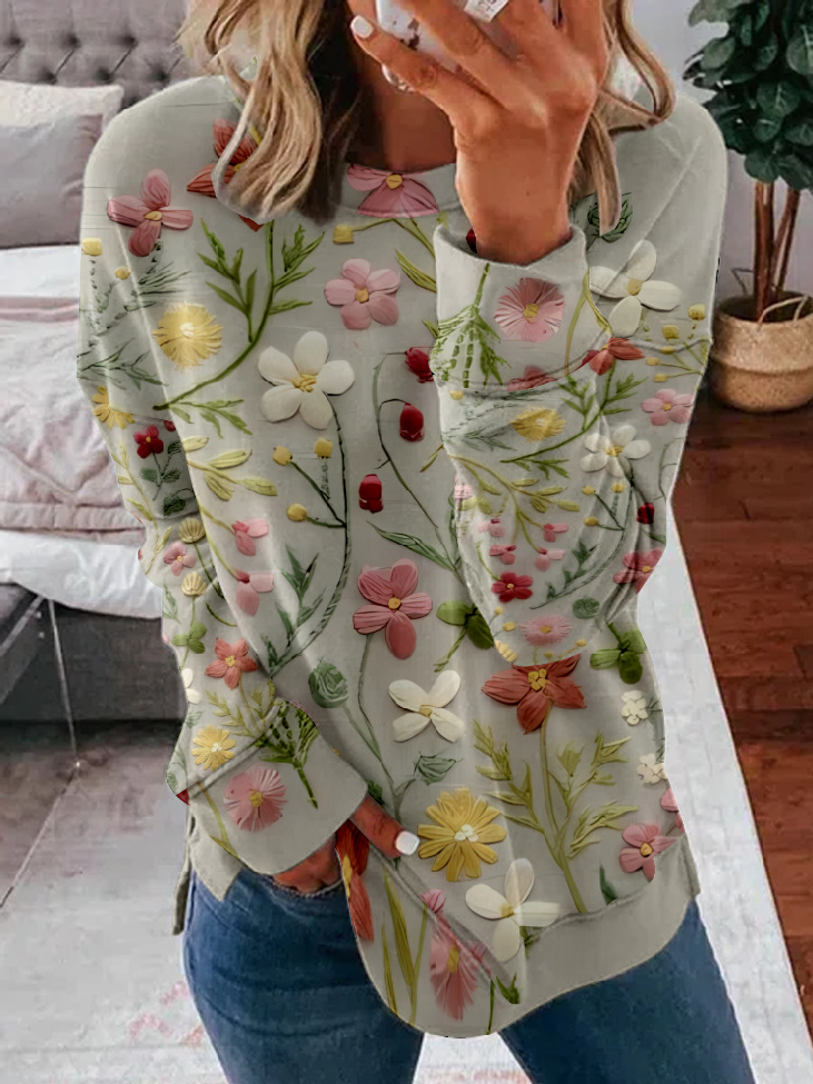 Casual Crew Neck Floral Sweatshirt Zipper