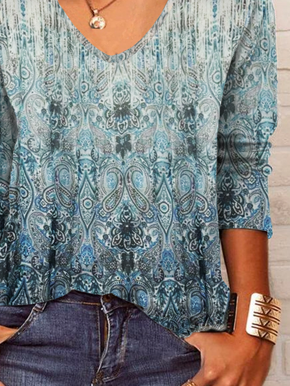 Casual Ethnic V Neck Long Sleeve T-shirt