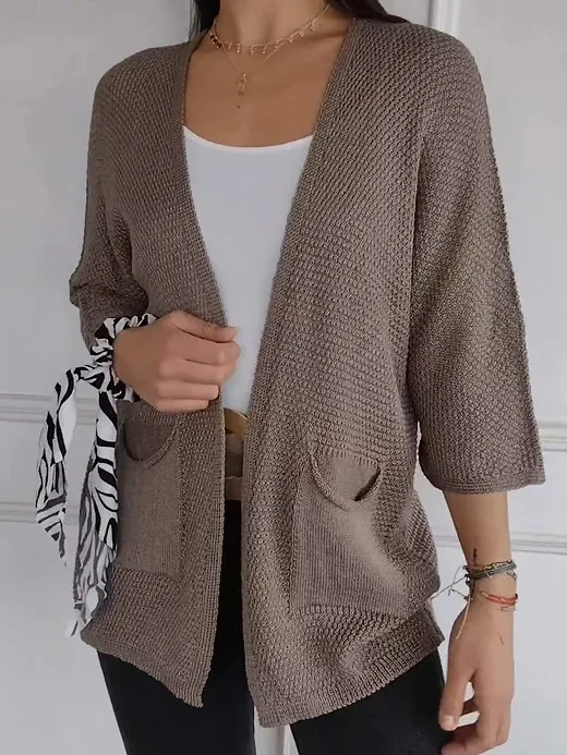 Women Yarn/Wool Yarn Plain Three Quarter Sleeve Comfy Casual Pocket Stitching Cardigan