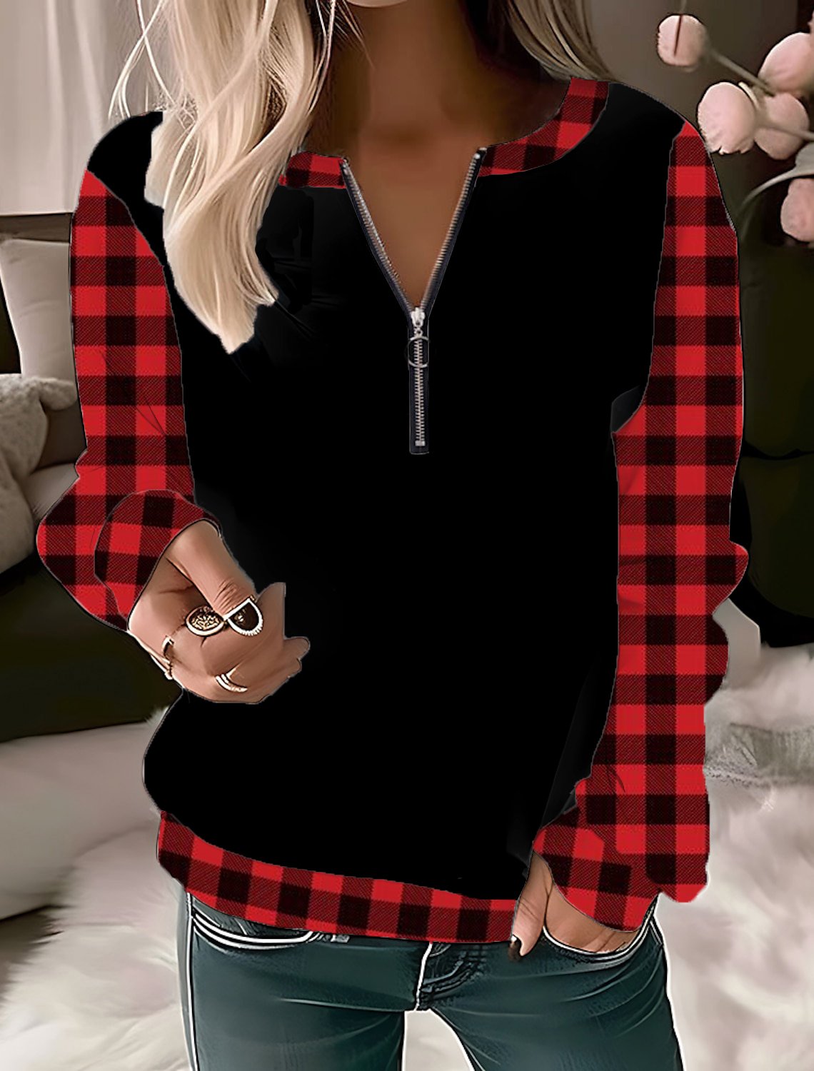 Casual Crew Neck Plaid Sweatshirt Zipper