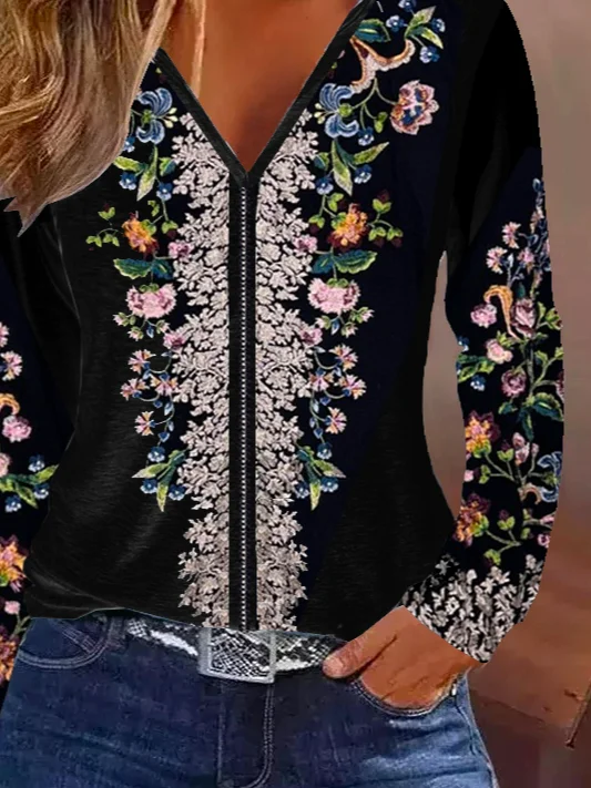 Casual Floral V Neck Long Sleeve T-shirt