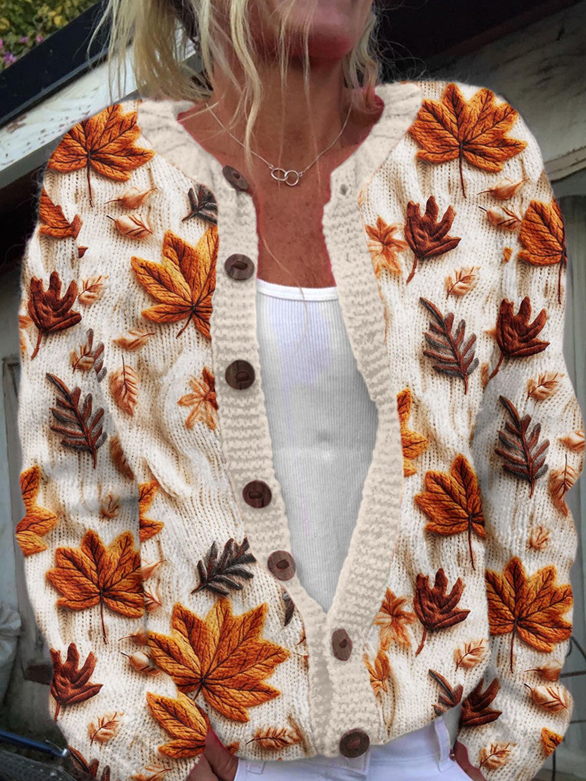 Women Maple Leaf Long Sleeve Comfy Casual Buckle Cardigan