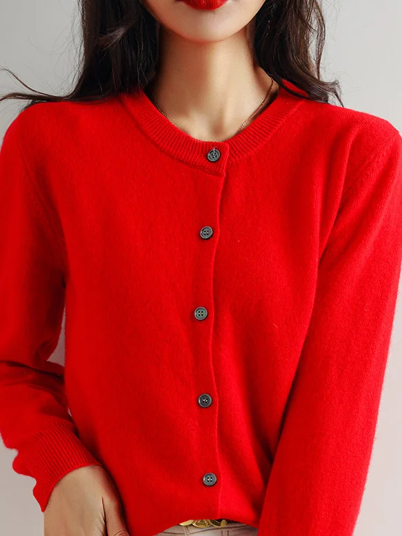 Women Yarn/Wool Yarn Plain Long Sleeve Comfy Casual Buckle Cardigan