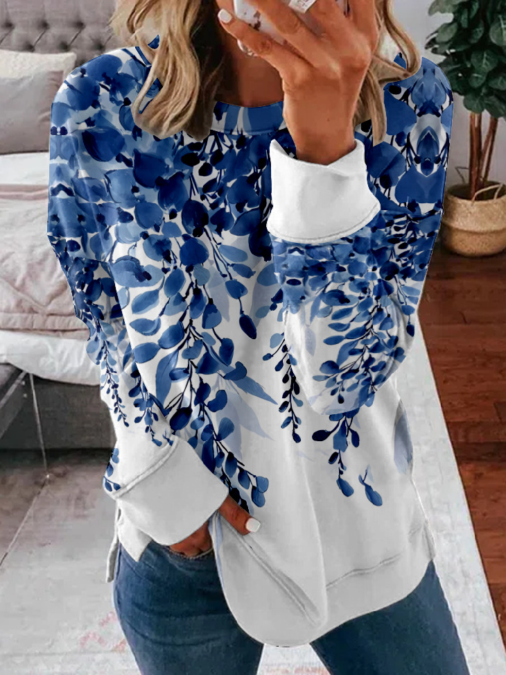 Casual Crew Neck Floral Sweatshirt