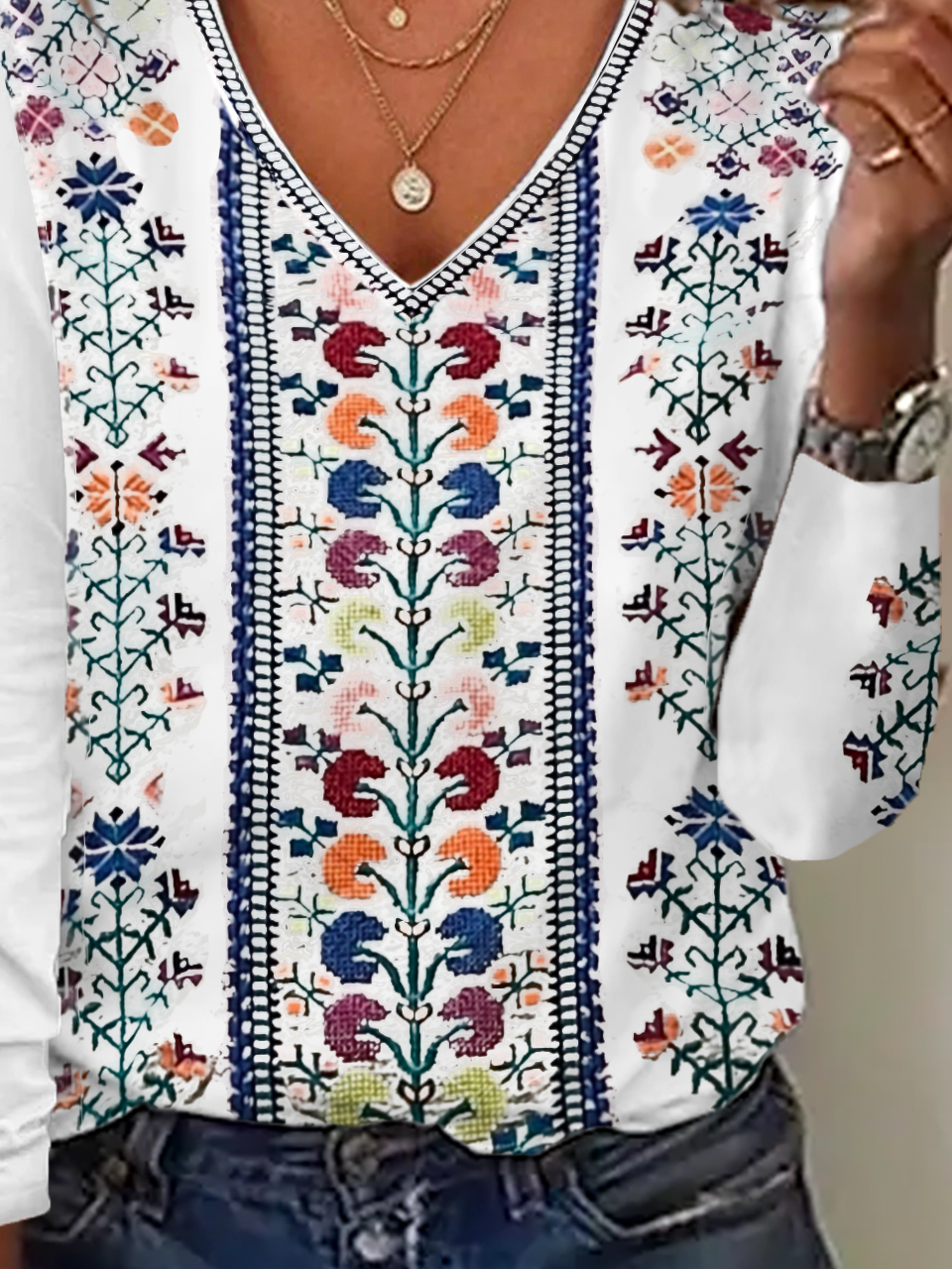 Casual Floral V Neck Long Sleeve T-shirt