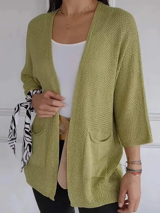 Women Yarn/Wool Yarn Plain Three Quarter Sleeve Comfy Casual Pocket Stitching Cardigan