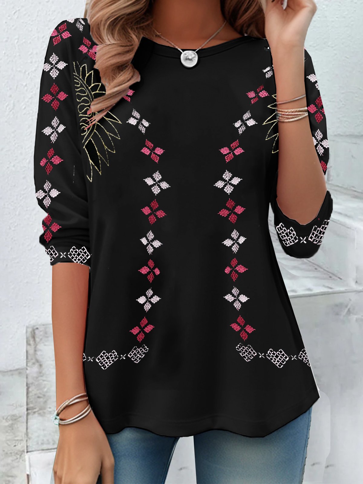 Vintage Ethnic Geometry Crew Neck Long Sleeve T-shirt