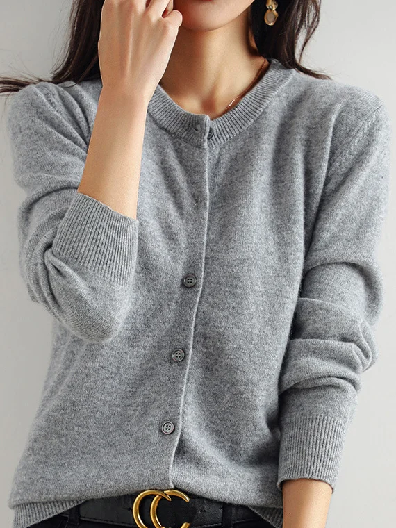 Women Yarn/Wool Yarn Plain Long Sleeve Comfy Casual Buckle Cardigan