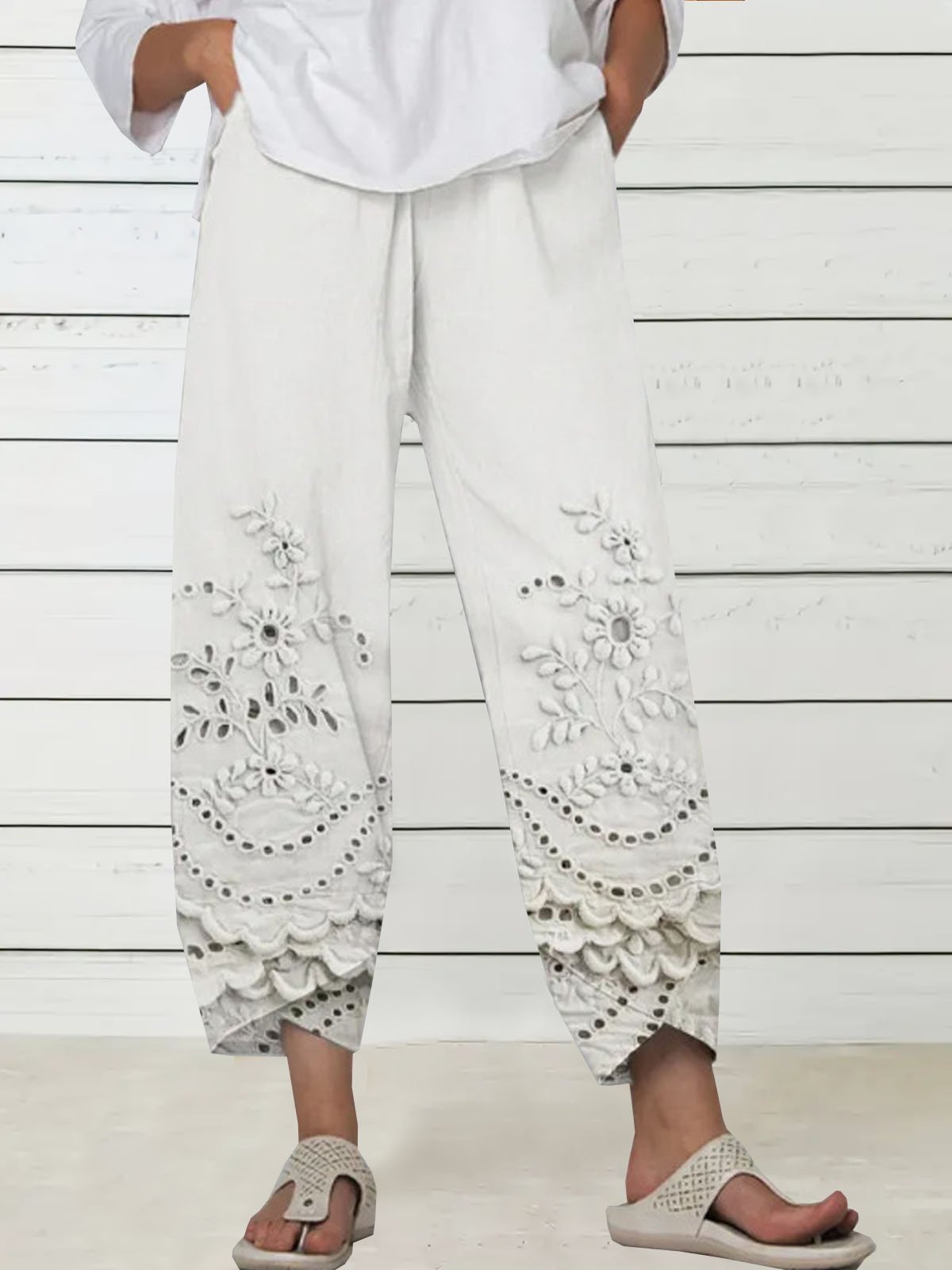 Casual Floral Long Elastic Waist Pocket Stitching Pants