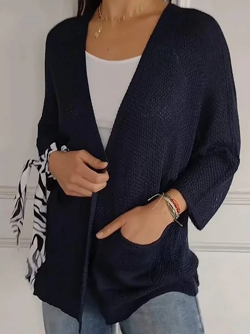 Women Yarn/Wool Yarn Plain Three Quarter Sleeve Comfy Casual Pocket Stitching Cardigan