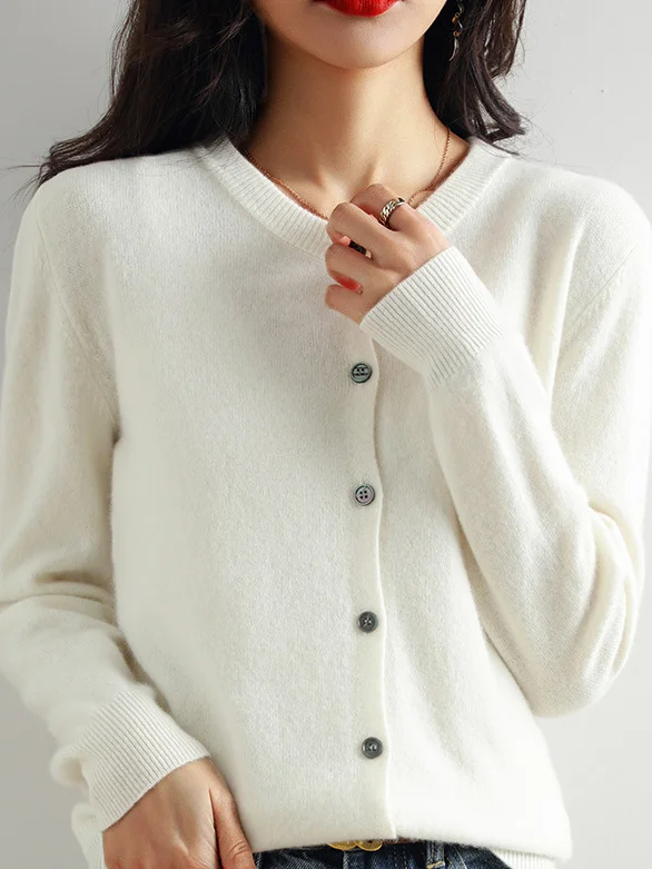 Women Yarn/Wool Yarn Plain Long Sleeve Comfy Casual Buckle Cardigan