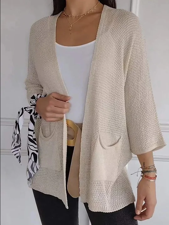 Women Yarn/Wool Yarn Plain Three Quarter Sleeve Comfy Casual Pocket Stitching Cardigan