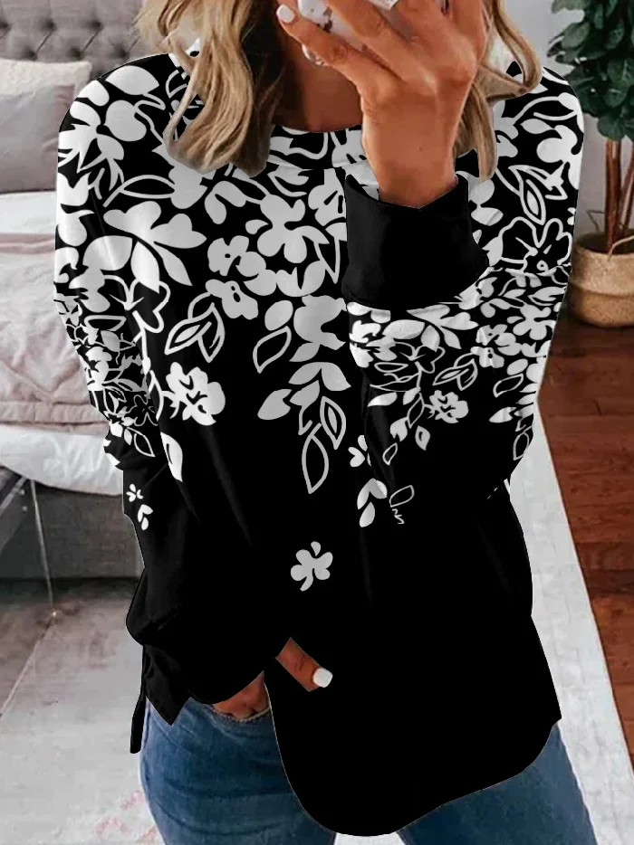 Casual Crew Neck Floral Sweatshirt