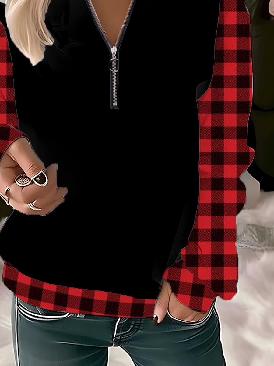 Casual Crew Neck Plaid Sweatshirt Zipper