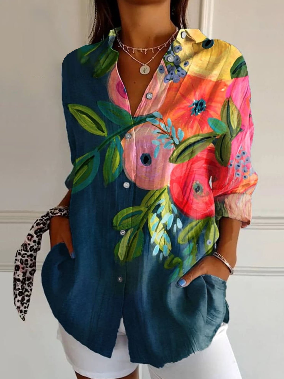 Shirt Collar Long Sleeve Floral Regular Loose Shirt For Women