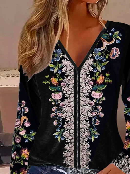 Casual Floral V Neck Long Sleeve T-shirt