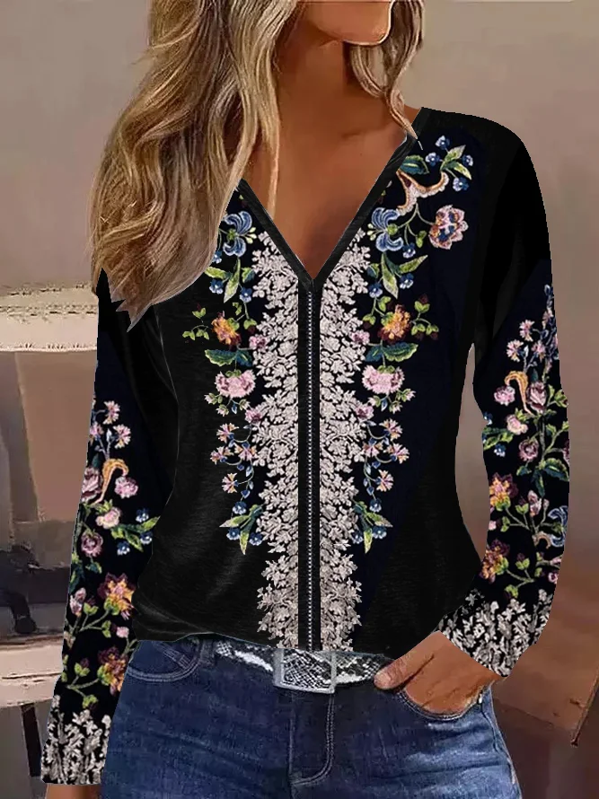 Casual Floral V Neck Long Sleeve T-shirt