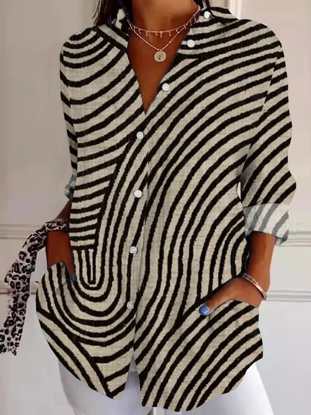 Shirt Collar Long Sleeve Abstract Stripes Buttoned Regular Loose TUNIC Shirt For Women