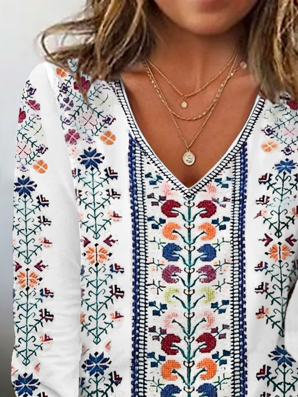 Casual Floral V Neck Long Sleeve T-shirt