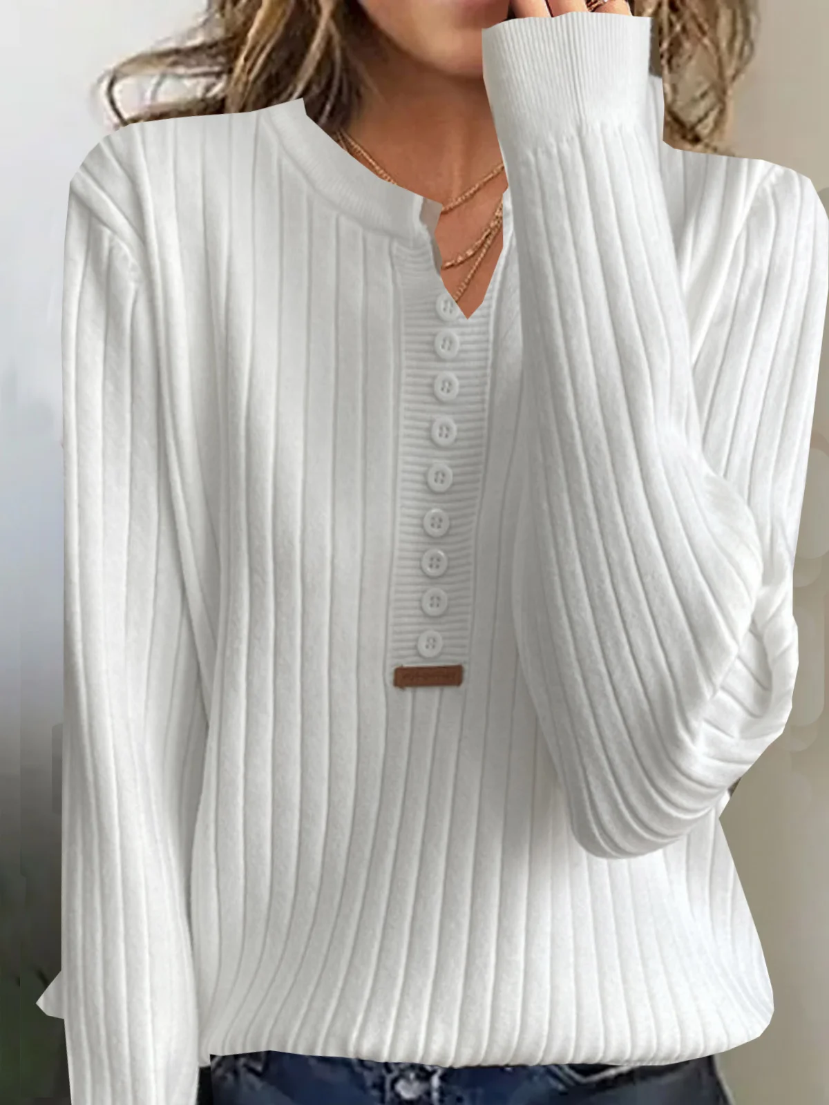 Women Yarn/Wool Yarn Plain Long Sleeve Comfy Casual Buckle Sweater