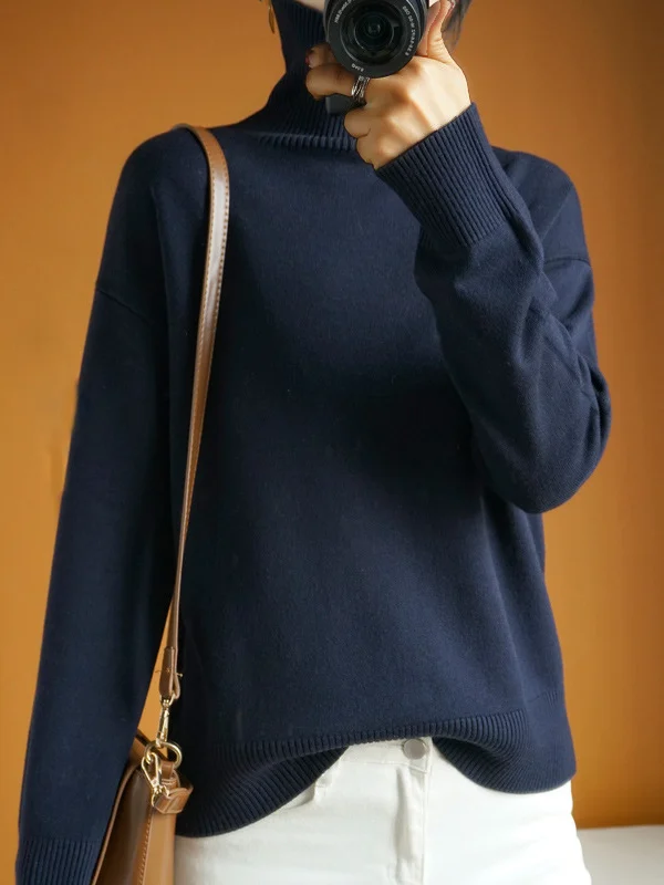 Women Yarn/Wool Yarn Plain Long Sleeve Comfy Casual Sweater