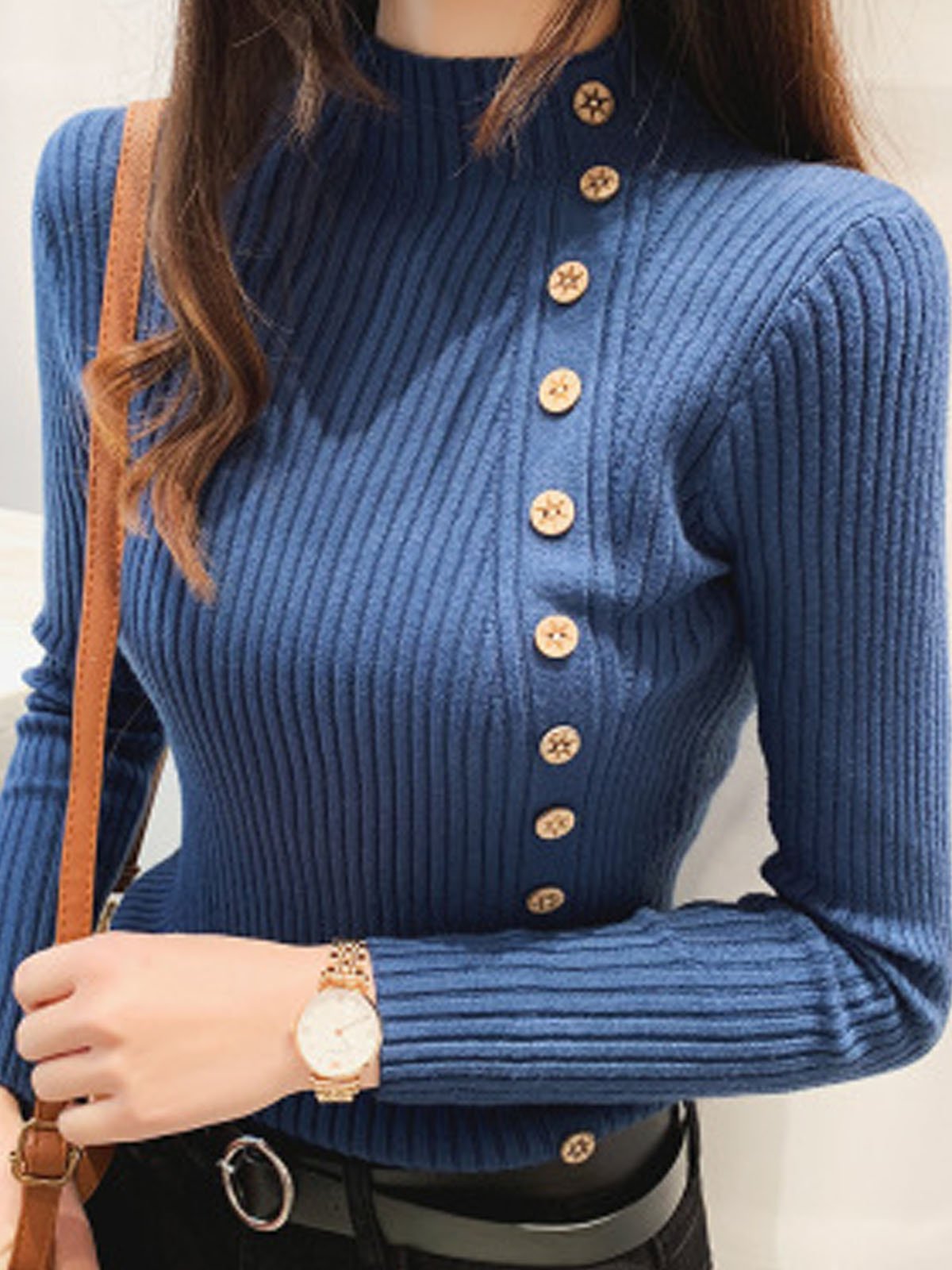 Women Yarn/Wool Yarn Plain Long Sleeve Comfy Casual Buckle Sweater