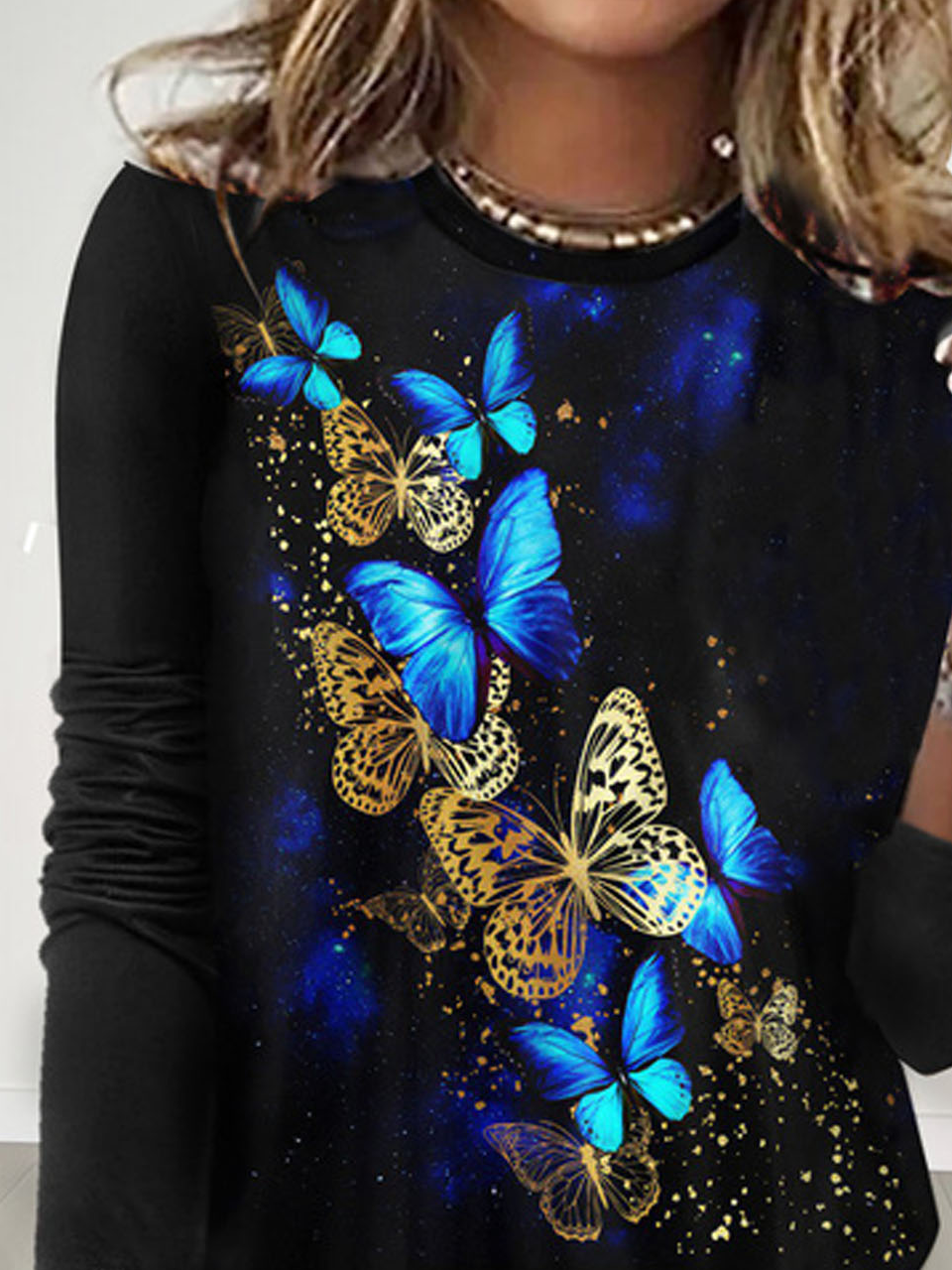 Casual Butterfly Crew Neck Long Sleeve T-shirt