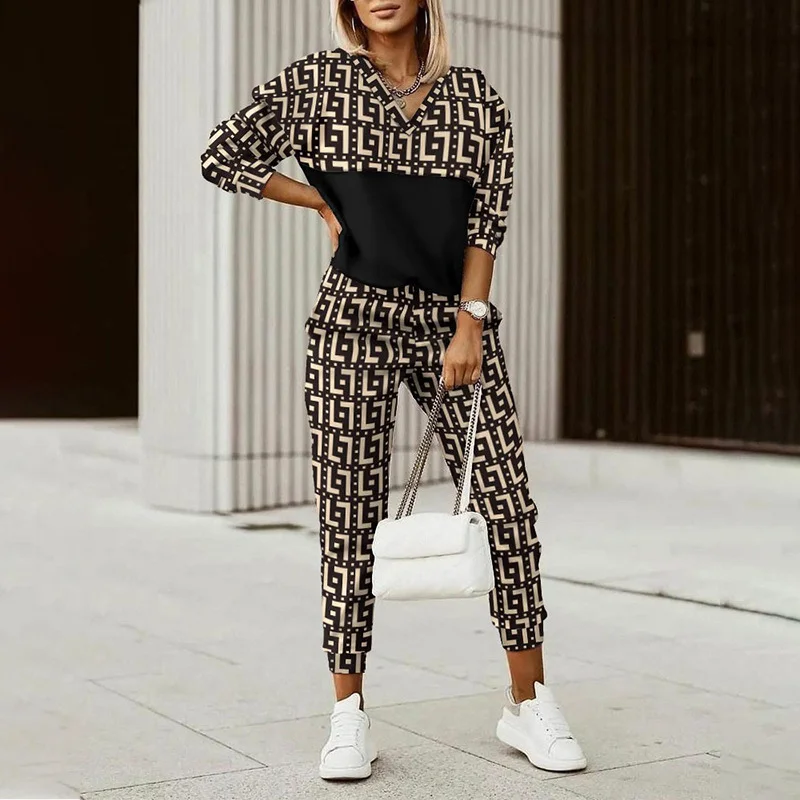 Women Geometric V Neck Long Sleeve Comfy Casual Top With Pants Two-Piece Set