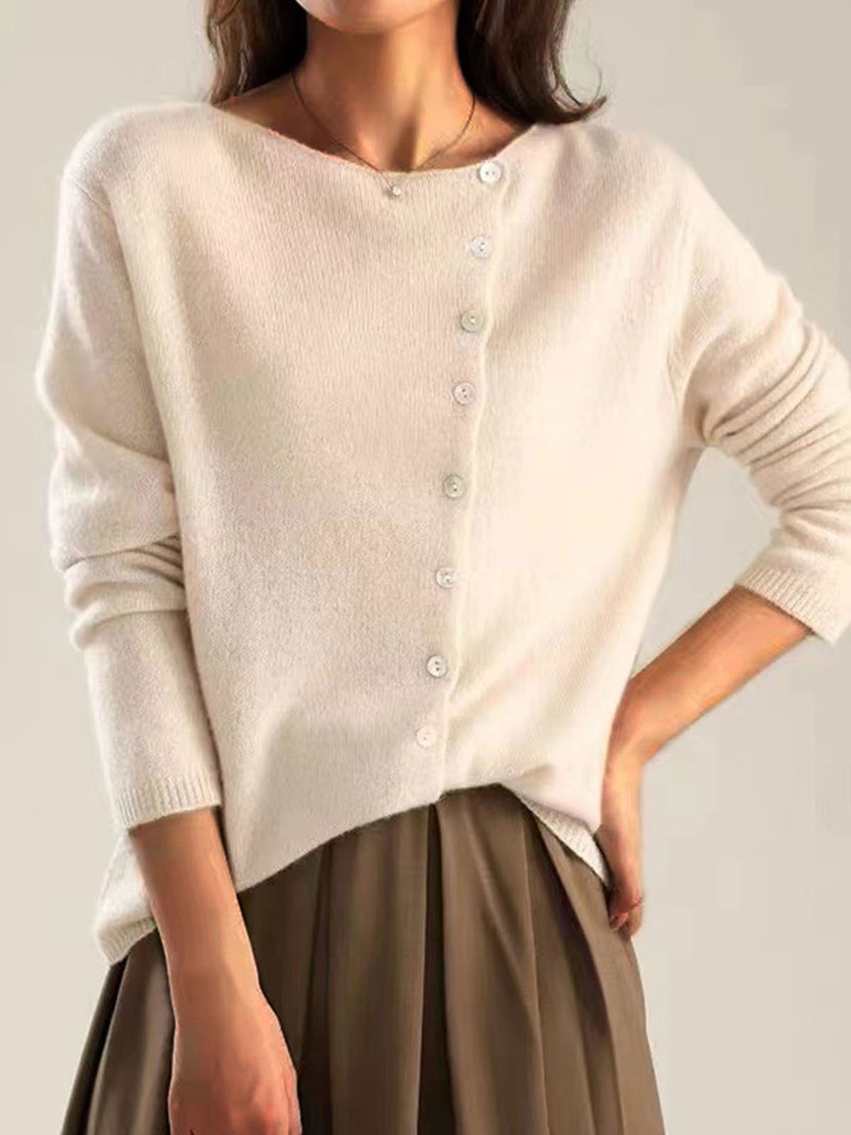 Women Yarn/Wool Yarn Plain Long Sleeve Comfy Casual Buckle Cardigan