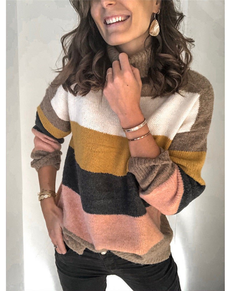 Women Yarn/Wool Yarn Striped Long Sleeve Comfy Casual Sweater