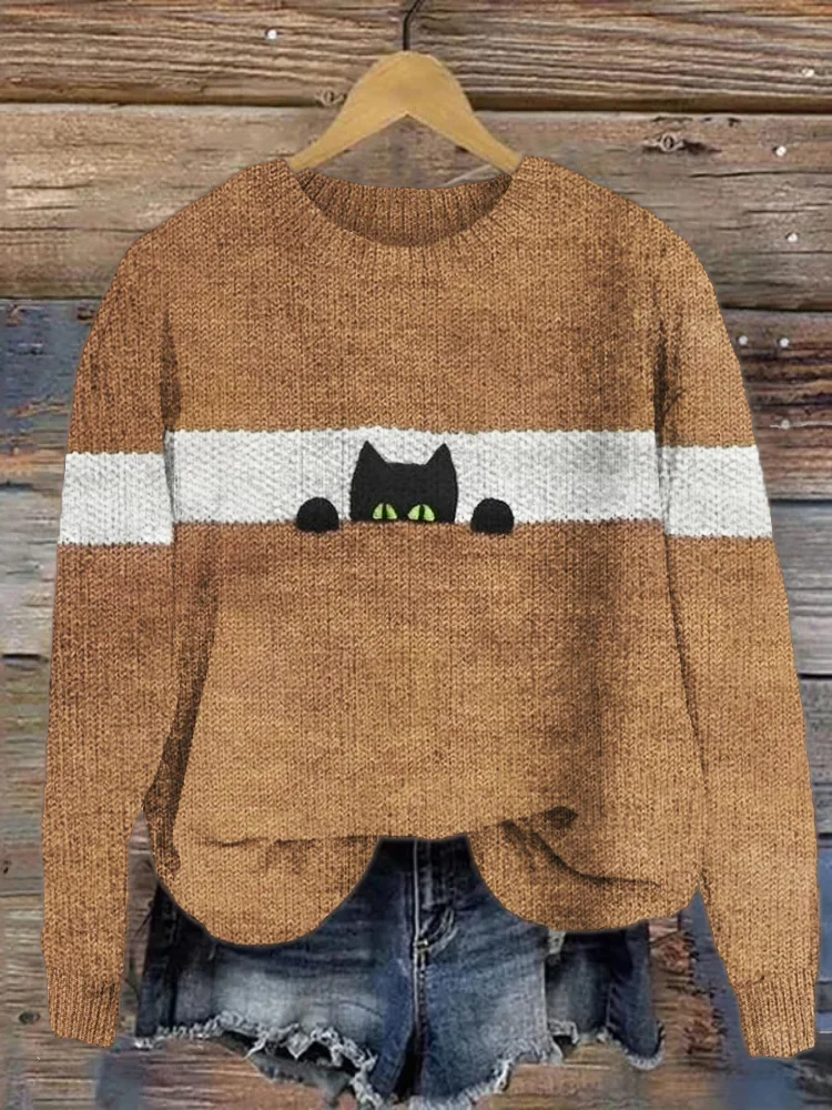 Women Knitted Cat Long Sleeve Comfy Casual Sweater