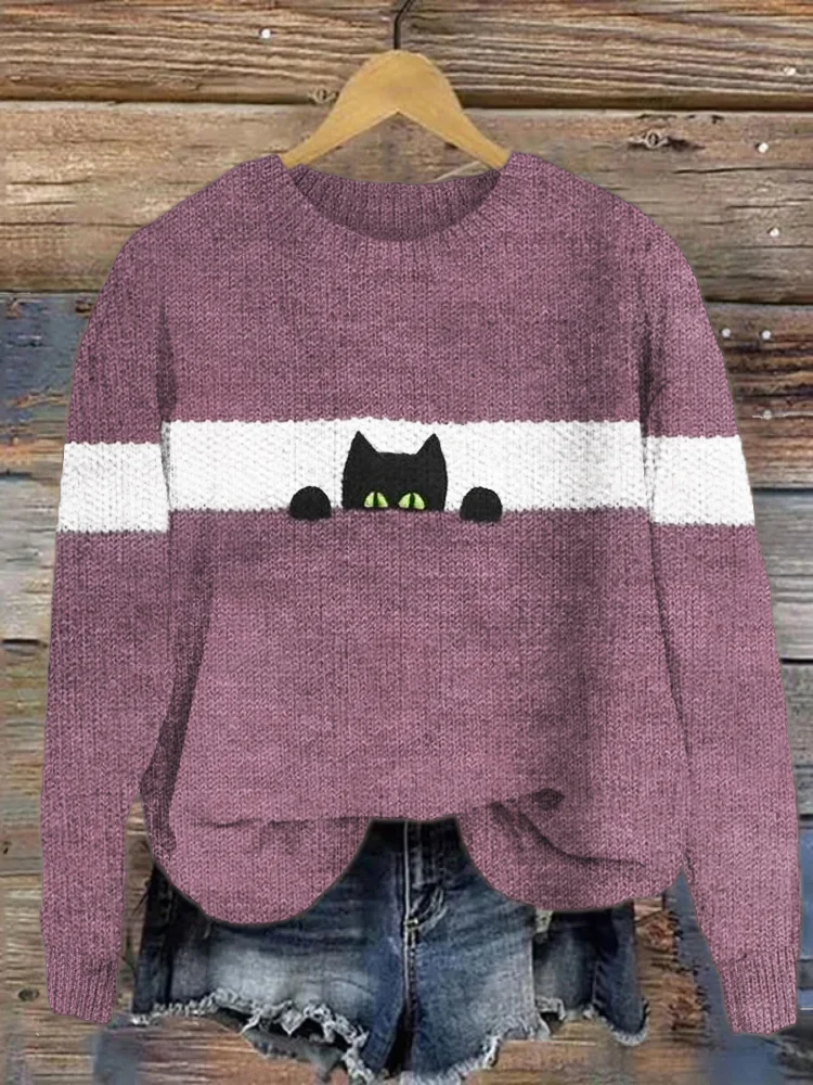 Women Knitted Cat Long Sleeve Comfy Casual Sweater