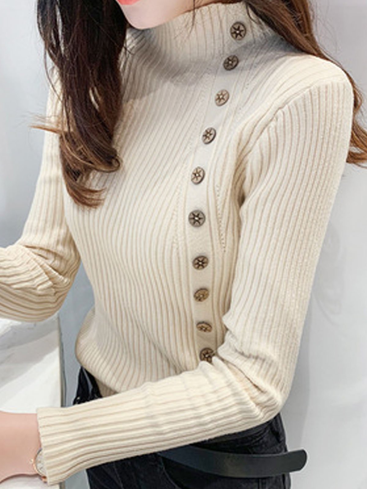 Women Yarn/Wool Yarn Plain Long Sleeve Comfy Casual Buckle Sweater