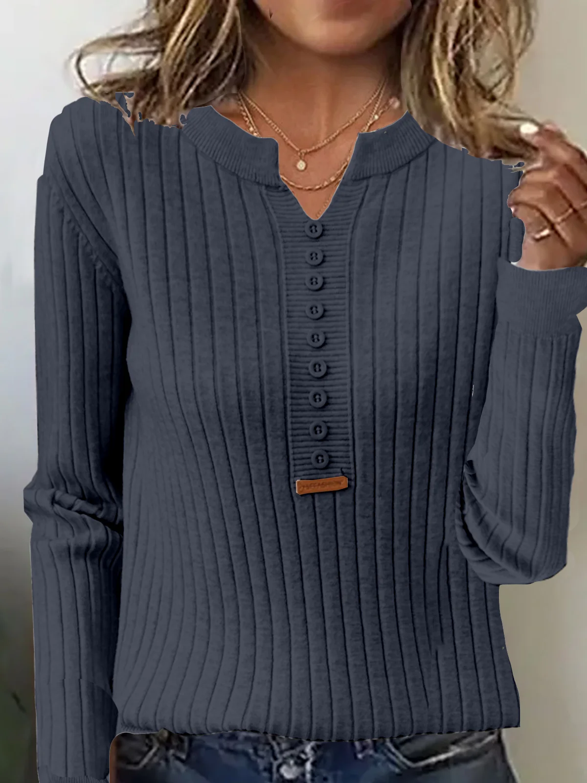 Women Yarn/Wool Yarn Plain Long Sleeve Comfy Casual Buckle Sweater