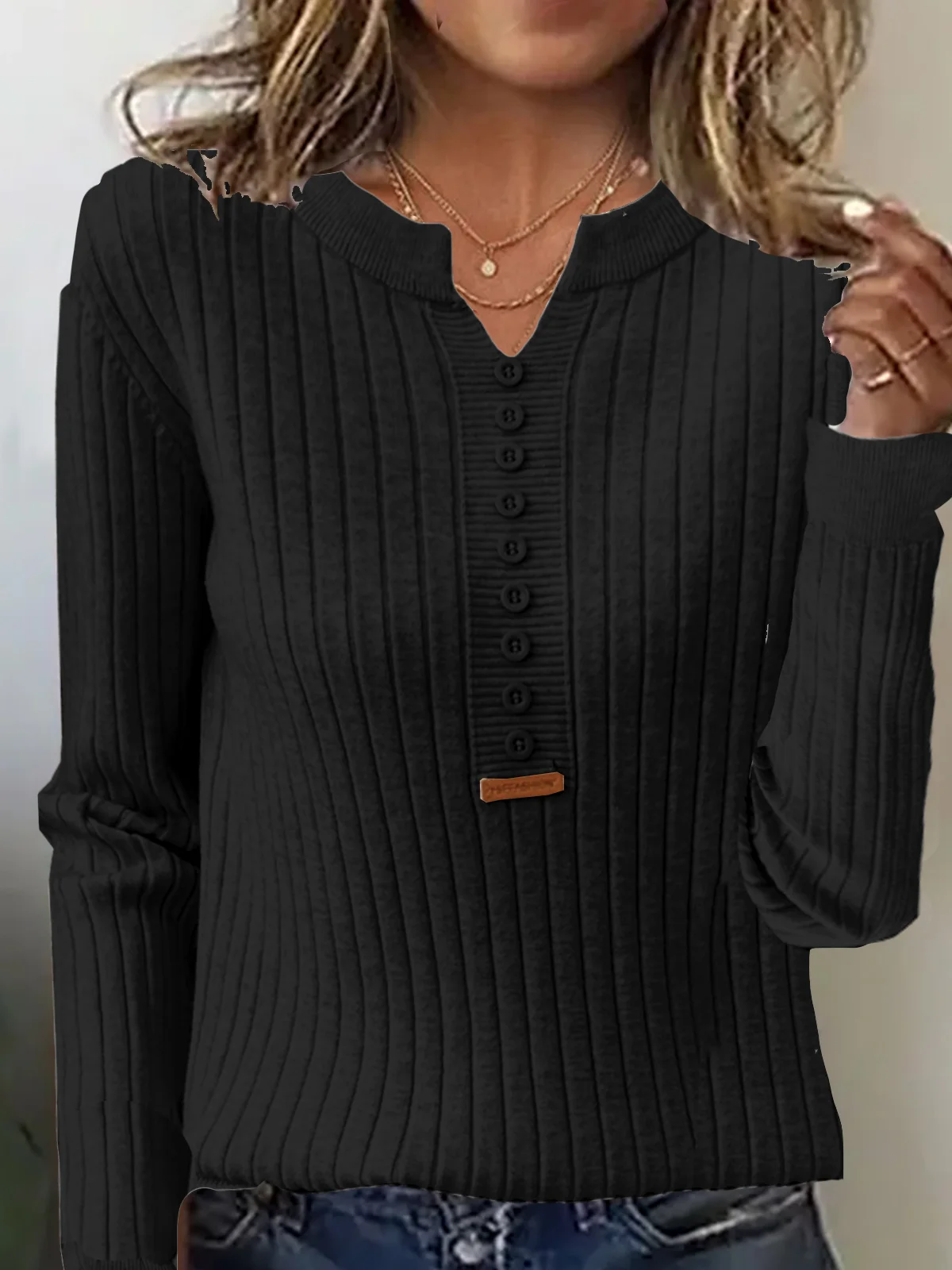 Women Yarn/Wool Yarn Plain Long Sleeve Comfy Casual Buckle Sweater