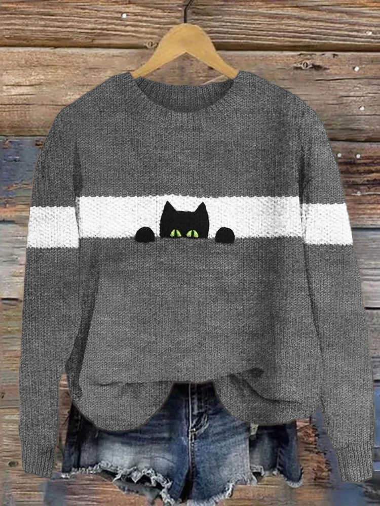 Women Knitted Cat Long Sleeve Comfy Casual Sweater