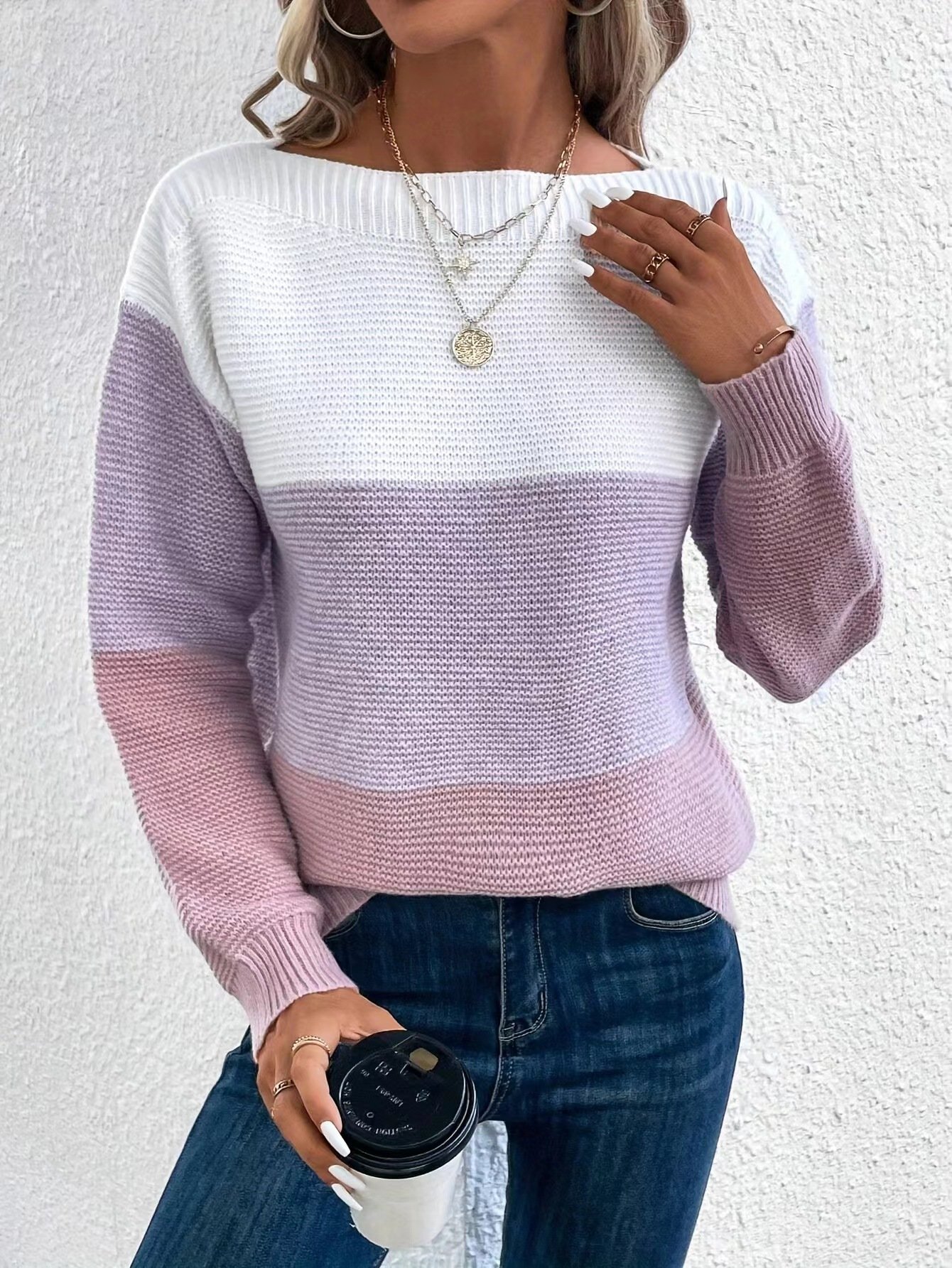 Women Yarn/Wool Yarn Color Block Long Sleeve Comfy Casual Sweater